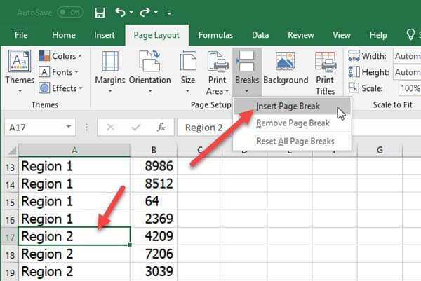 insert page breaks excel for mac